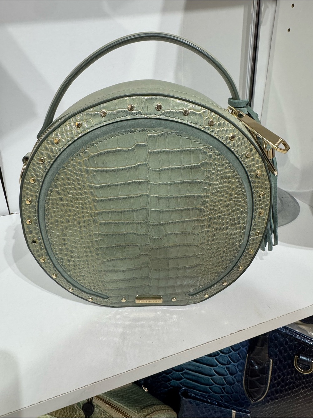 Brahmin Ocean Harrison Lane Round Croc-Embossed Tote in Sage Green